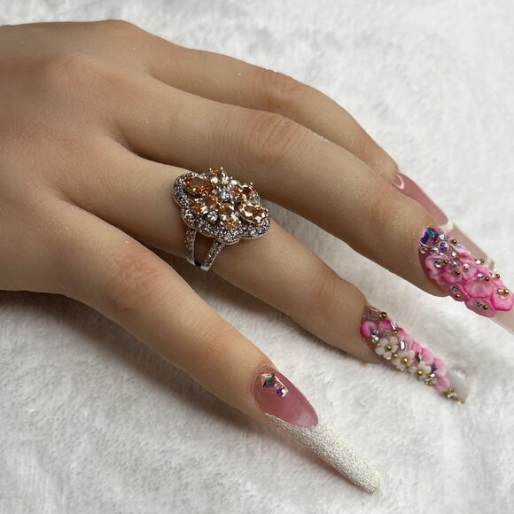 Floral Cluster Ring With Orange & Clear Gemstones In Silver Setting size 6 - Picture 1 of 8